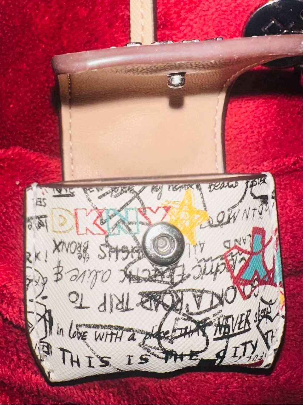 DKNY White Graffiti Print Leather AirPod Pouch with Beige Strap